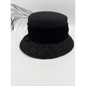 Women Black Vtg Wool Felt Derby Retro Elegant Church Hat Feathers Velvet NWT